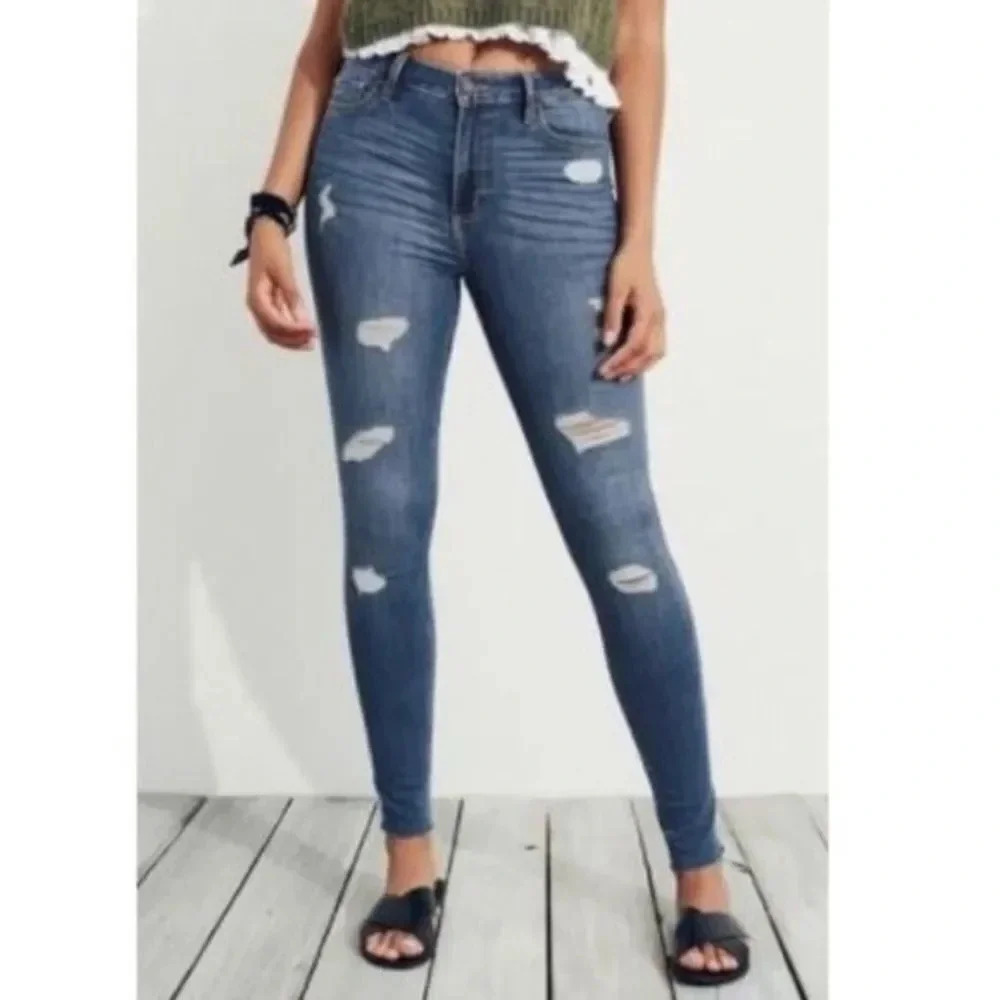 5 Long Hollister High Rise Super Skinny Distressed Jeans